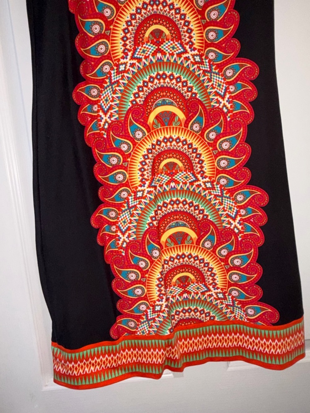 New York & Company Black Midi Dress with Red Orange Multicolor Tribal Print - Picture 3 of 10